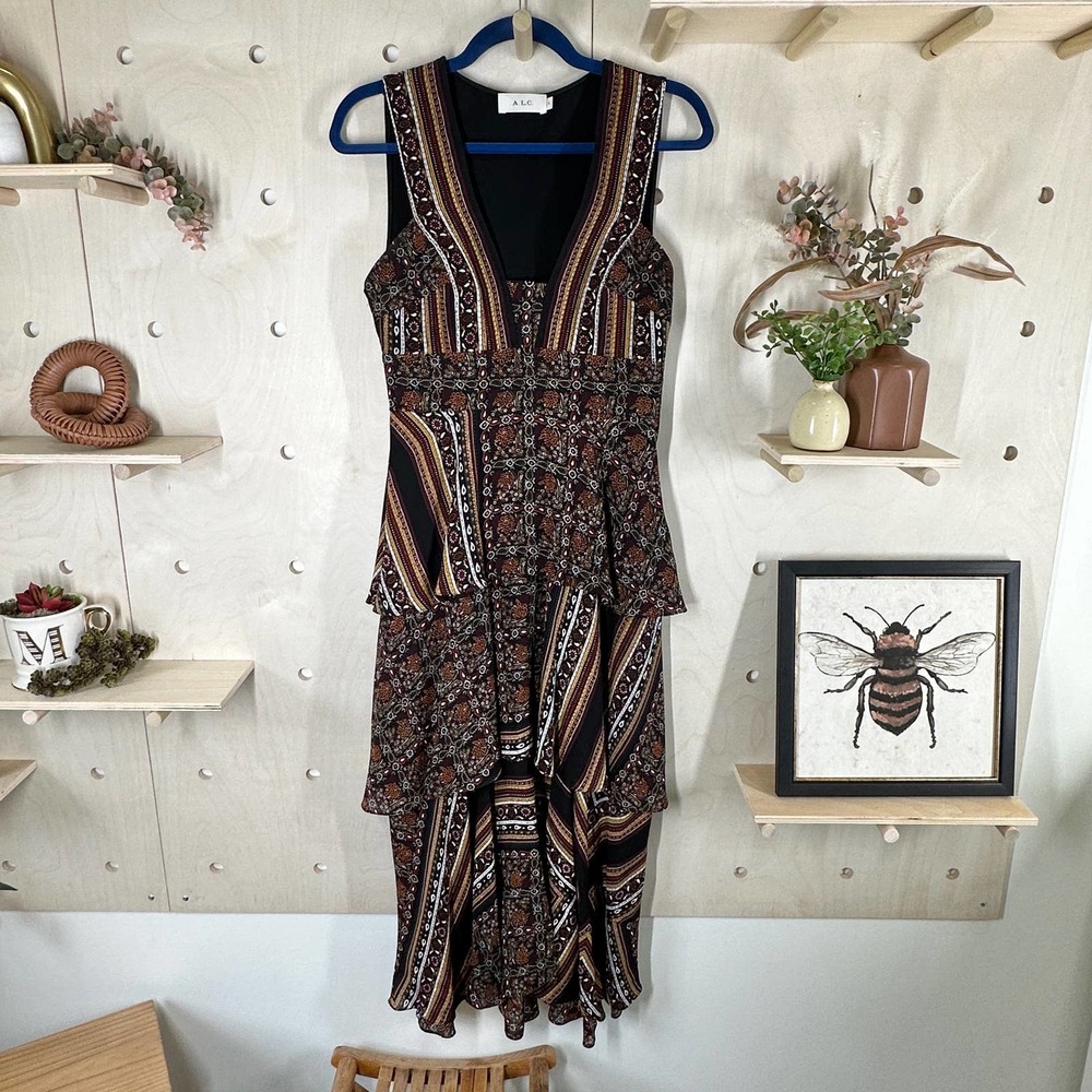 A.L.C. Hayley Tiered Silk Scarf-Print Midi Dress SZ 4 Black Brown Gold